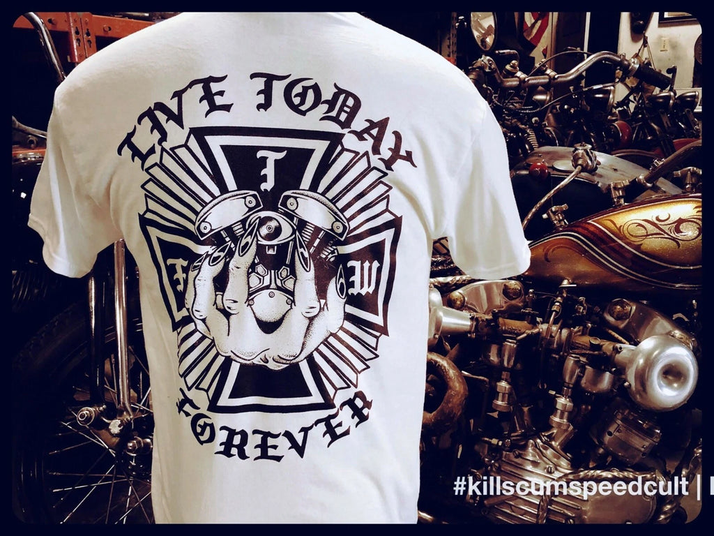 LIVE TODAY FOREVER Iron cross Shovelhead engine and hand of doom biker shirt vtg