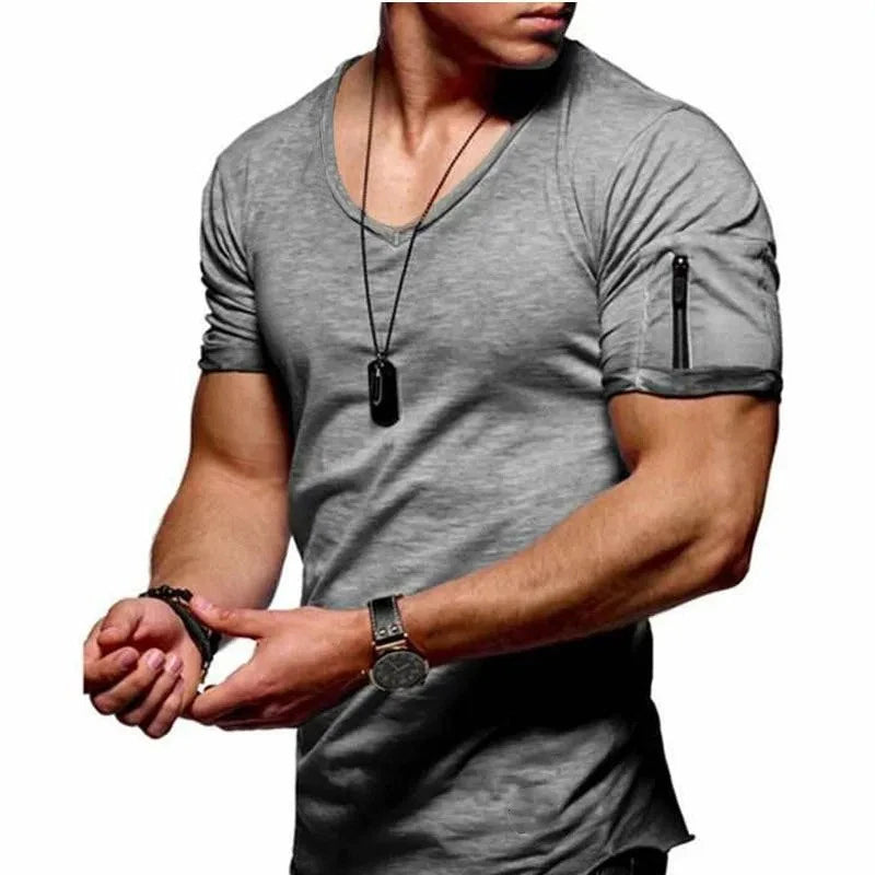 2025 Brand Quality Cotton Men T-shirt V-neck Fashion Design Slim Fit Soild