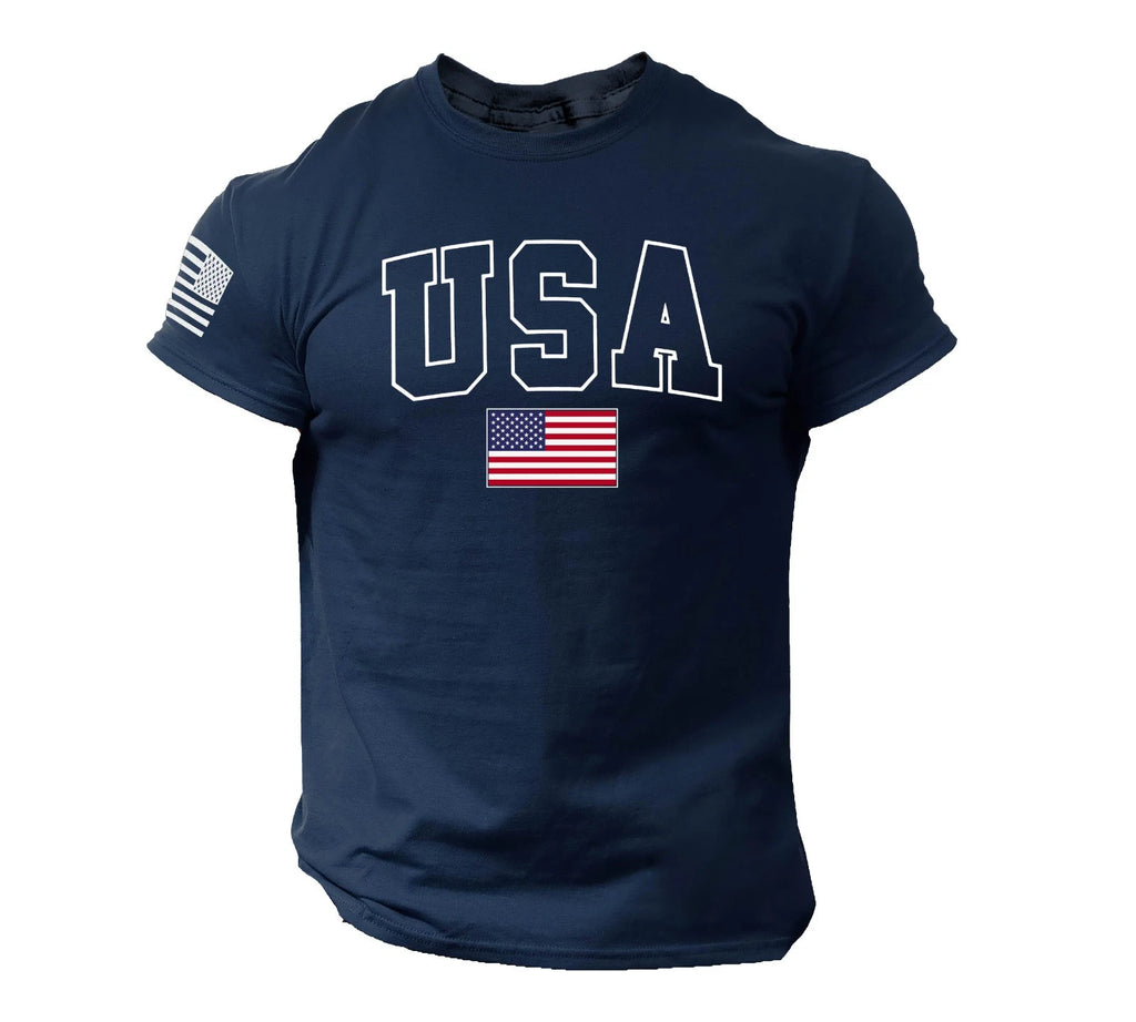 USA Flag Navy Blue T-Shirt - Patriotic American College Style Tee