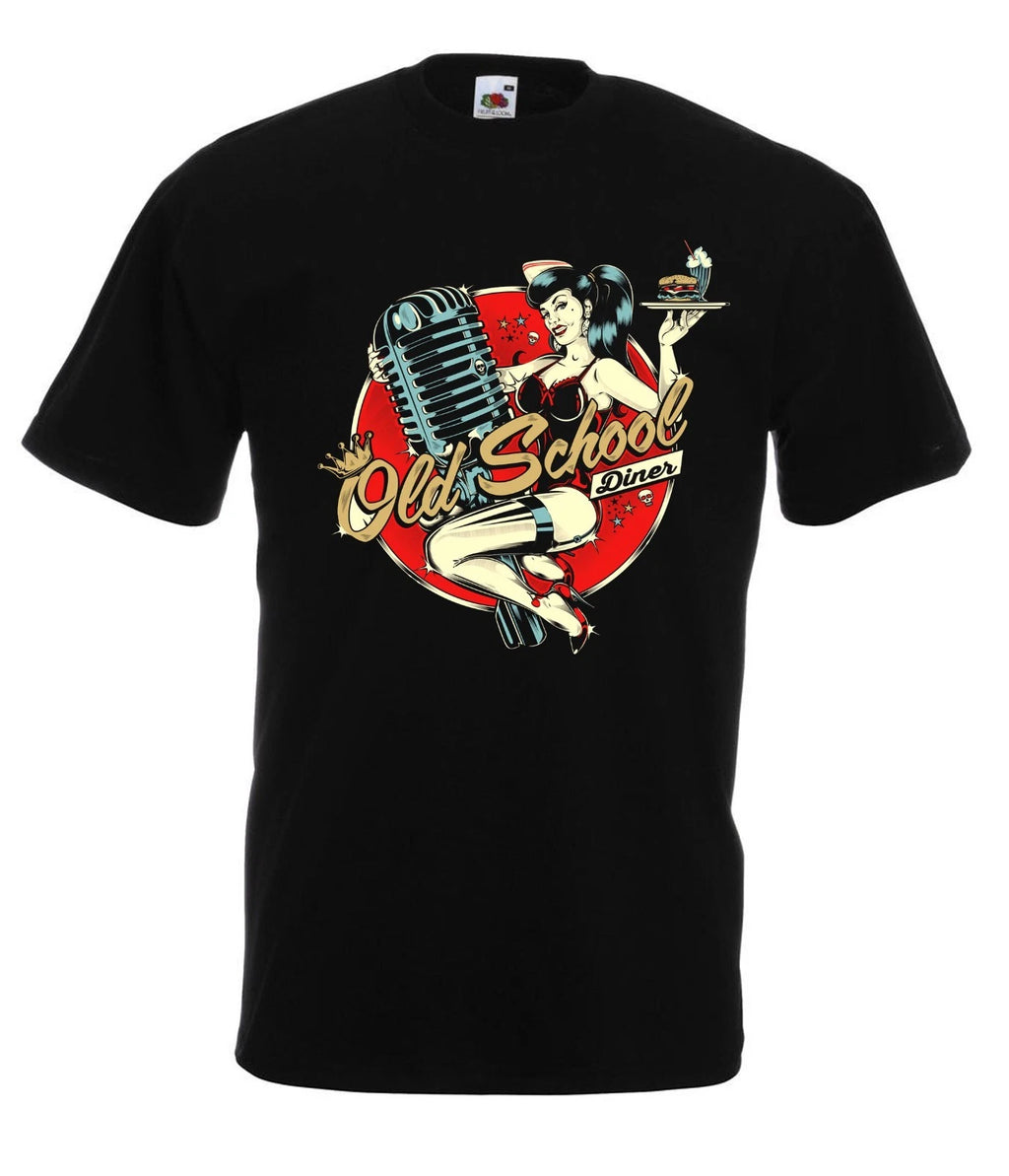 Old School Diner Girl Custom Rockabilly Vintage Black T-Shirt -N/629-SW