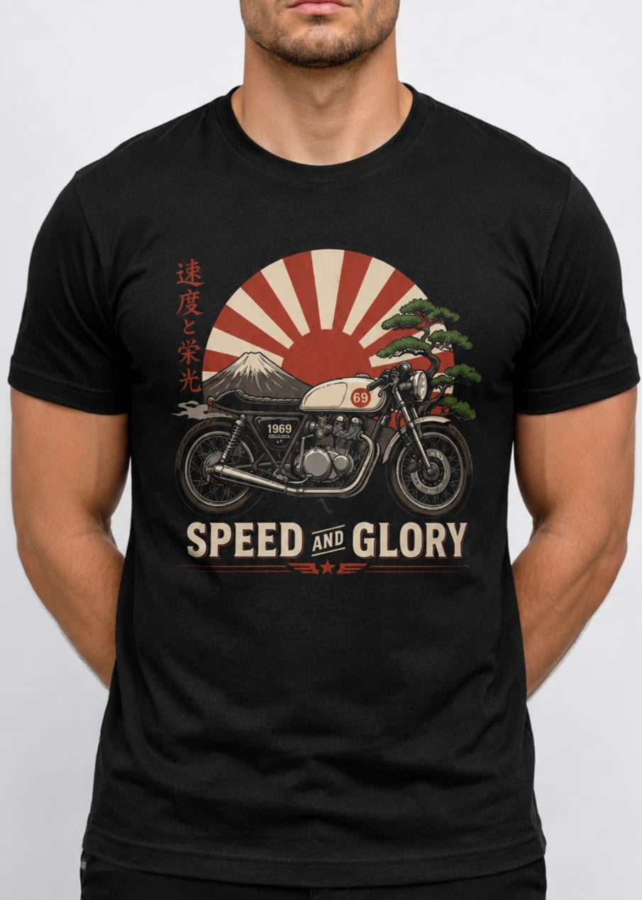Vintage Japanese Cafe Racer Motorcycle T Shirt Retro Speed and Glory Biker Tee