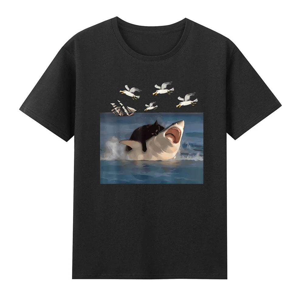 Cat Biting Shark Funny Cat And Shark Graphic Meme T-Shirt