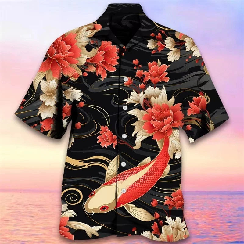 Mens Button Down Koi Fish Oriental Print Hawaiian Top Novelty Holiday Gift Shirt