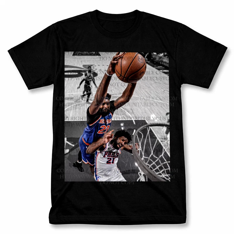 Mitchell Robinson Dunk on Joel Embiid Graphic T Shirt Vantage Basketball Tee