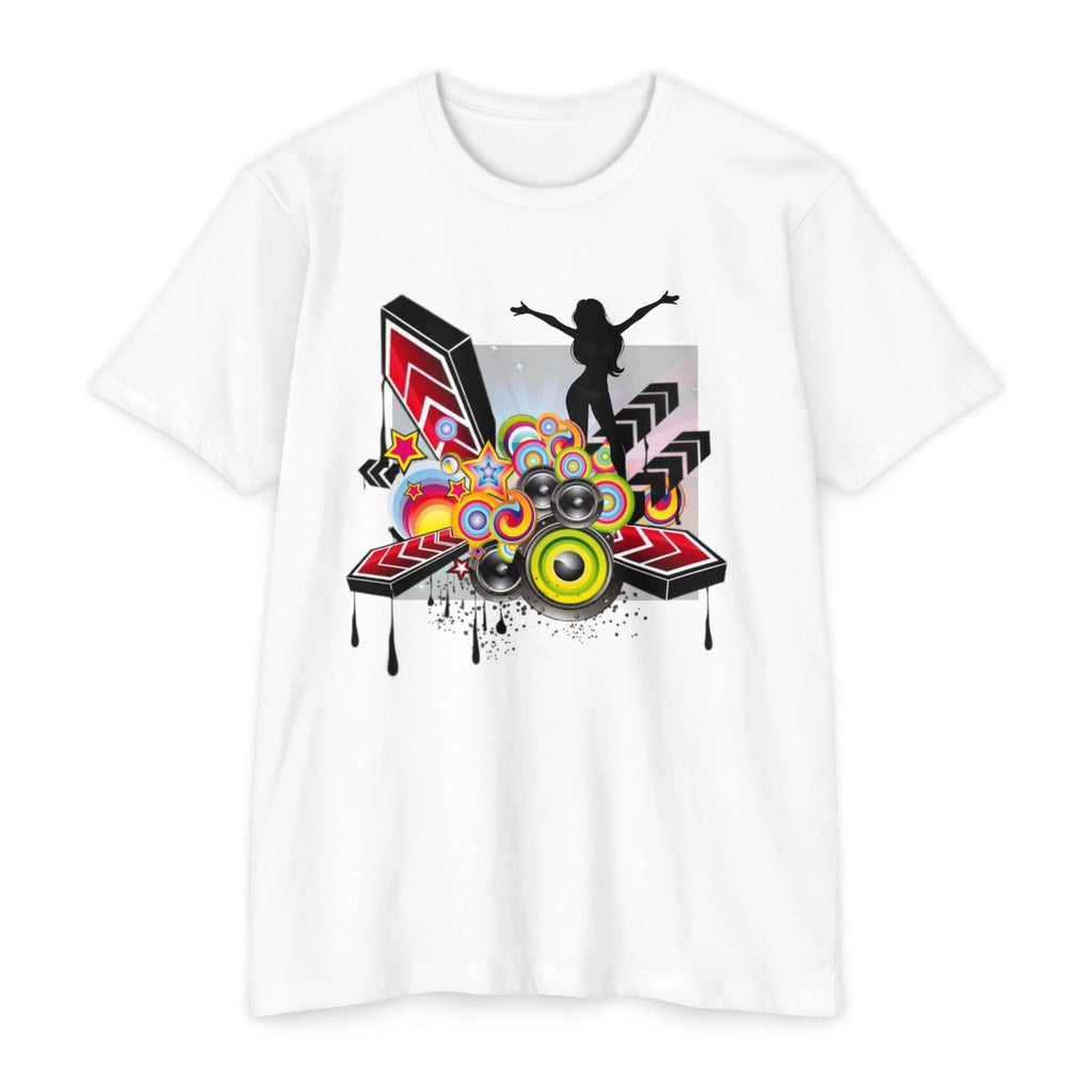 Retro Dance Silhouette T-shirt | Colorful Speakers, Geometric Vibes