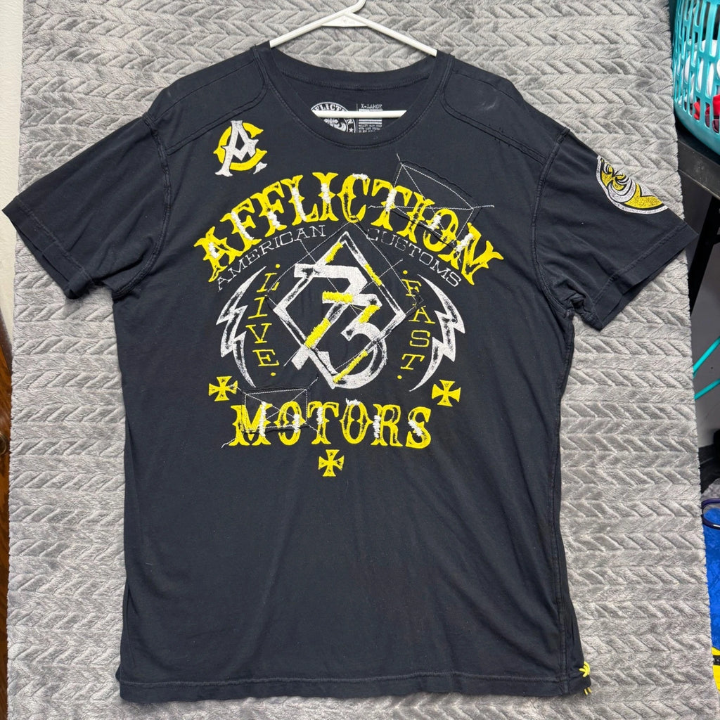 Affliction T-Shirt XL Black American Customs Motors Live Fast 13 Graphic (1622)