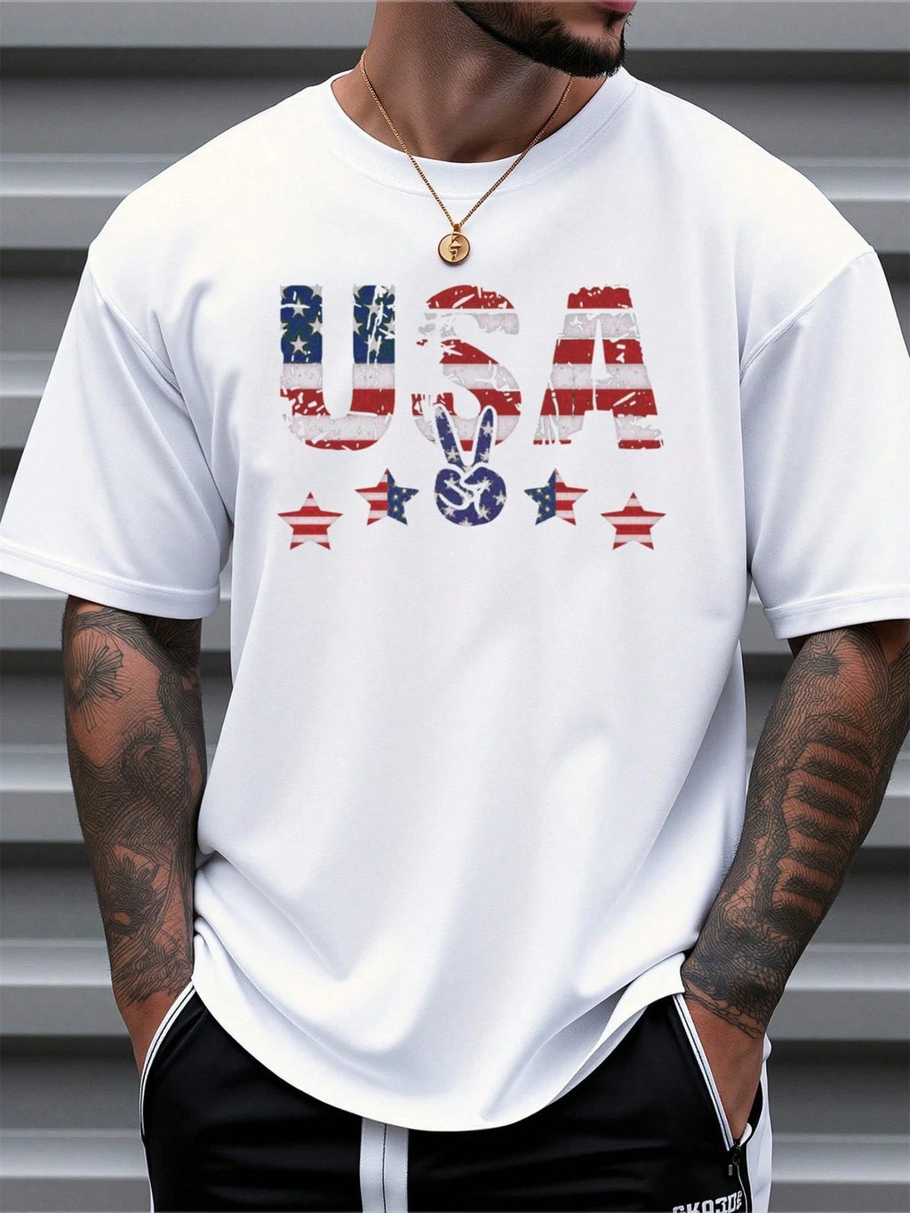 Men's American Flag Print T-Shirt Stripes Design With Bold USA Lettering