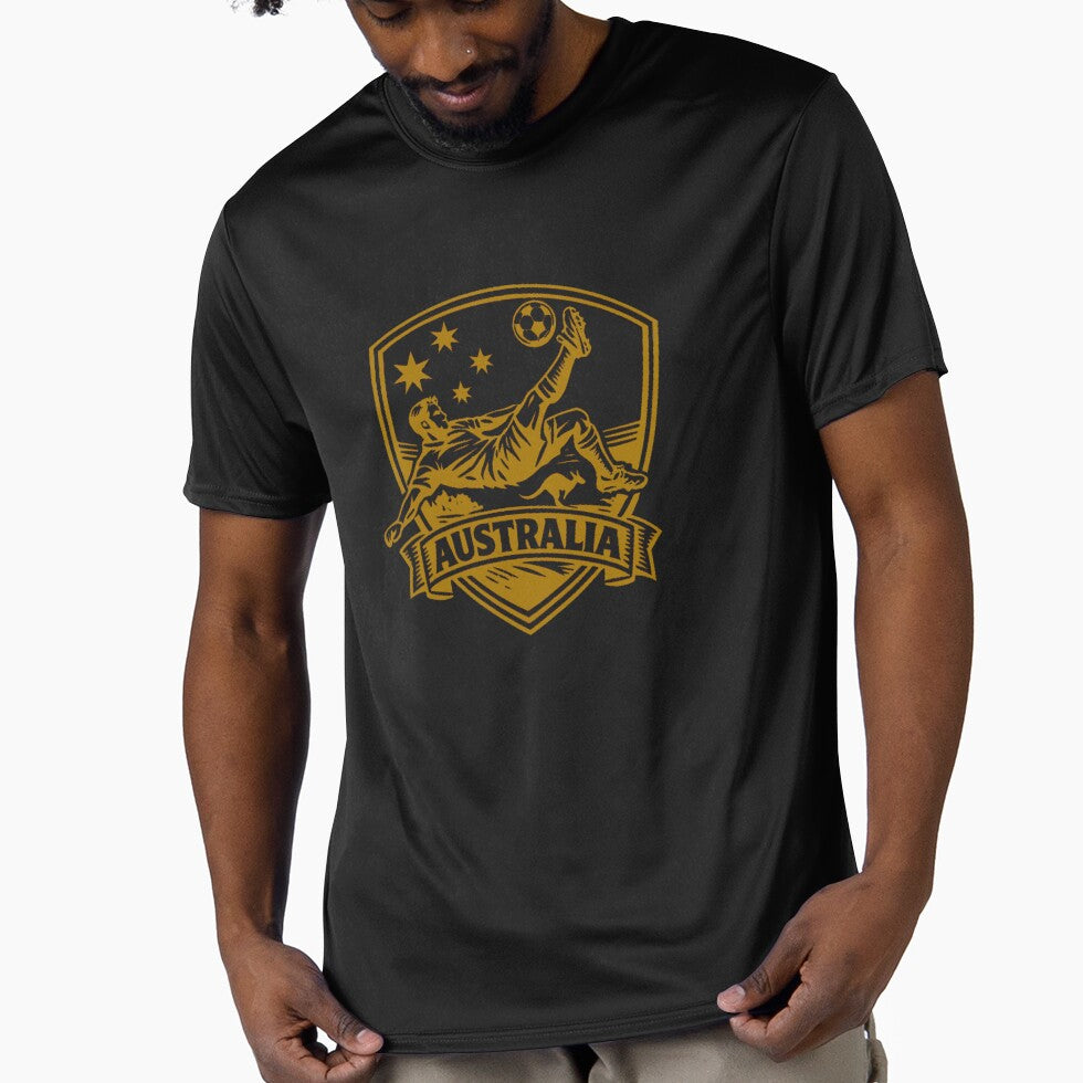 Australia Soccer Crest Shirt – Gold Football Bicycle Kick Design with Kangaroo & Southern Stars by JonelCrafts