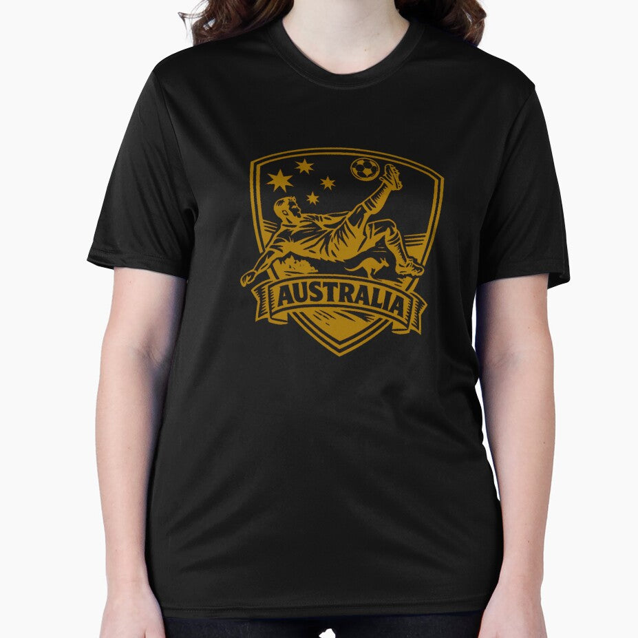 Australia Soccer Crest Shirt – Gold Football Bicycle Kick Design with Kangaroo & Southern Stars by JonelCrafts