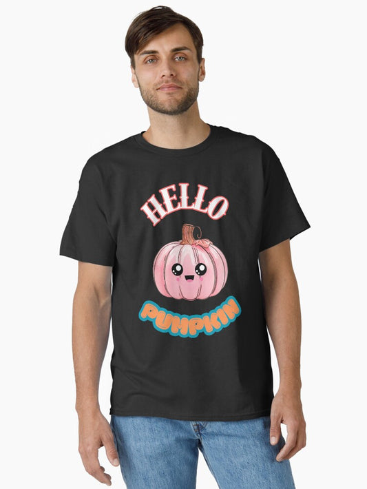 hello cute kawaii pink pumpkin whimsical fall halloween funny design for autumn lovers Classic T-Shirt