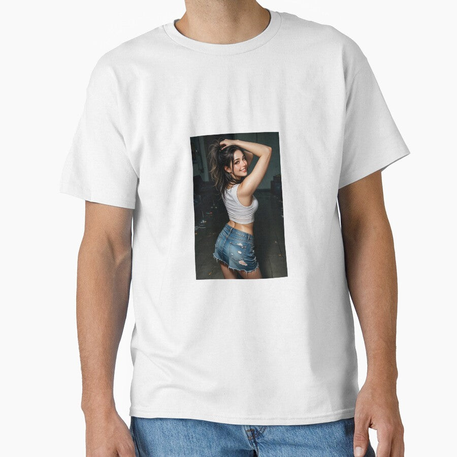 Smiling Brunette in White Top and Denim Skirt by CathryneDelamort