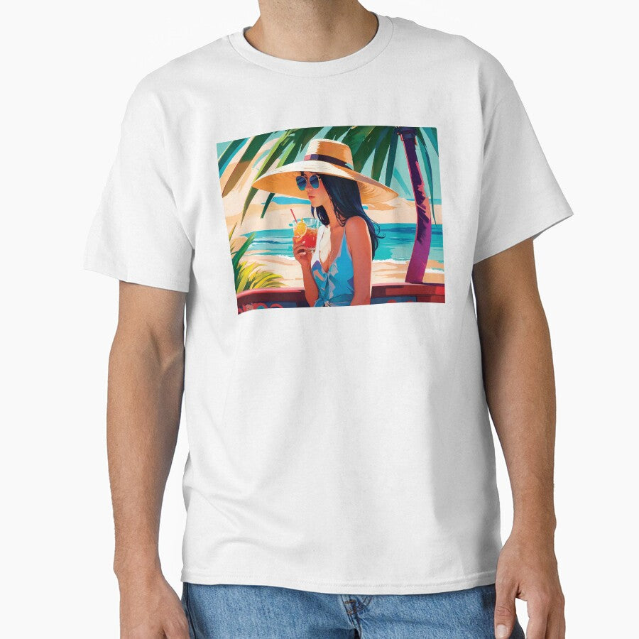 Stylish Vacation Girl In Summer Dress Enjoying Holidays On A Beach Drinking Under A Palm Tree Simplistic Poster by TriniTeeClub