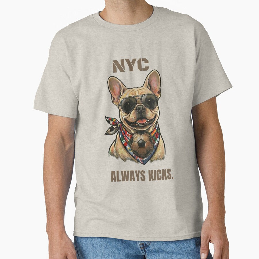NYC Never Sleeps - French Bulldog Soccer Football T-Shirt by laughingshirts
