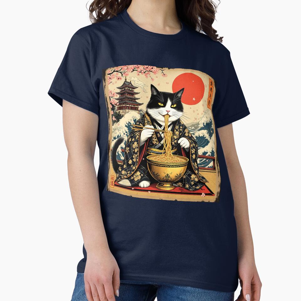 Samurai Cat with Golden Ramen Bowl | Vintage Japanese Ukiyo-e Style Illustration by KaryaVisionSTR