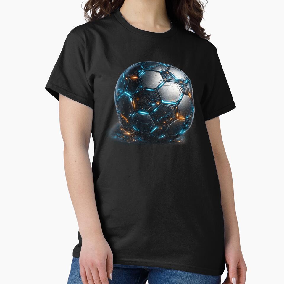 Neon Tech Futuristic Soccer Ball Blue Orange Glow – Sci Fi Football Art | Soccer Fan Gift by irfanshikh