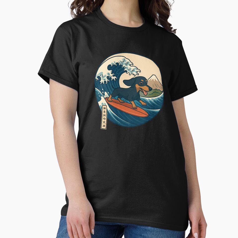 Funny Dachshund Japanese Kanagawa Wave Japan Surfing Mom Dad Kids by rafaeltto