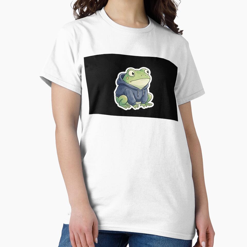A cute, round frog looking confused, wearing a tiny hoodie. White border for sticker. by Yogeshrock