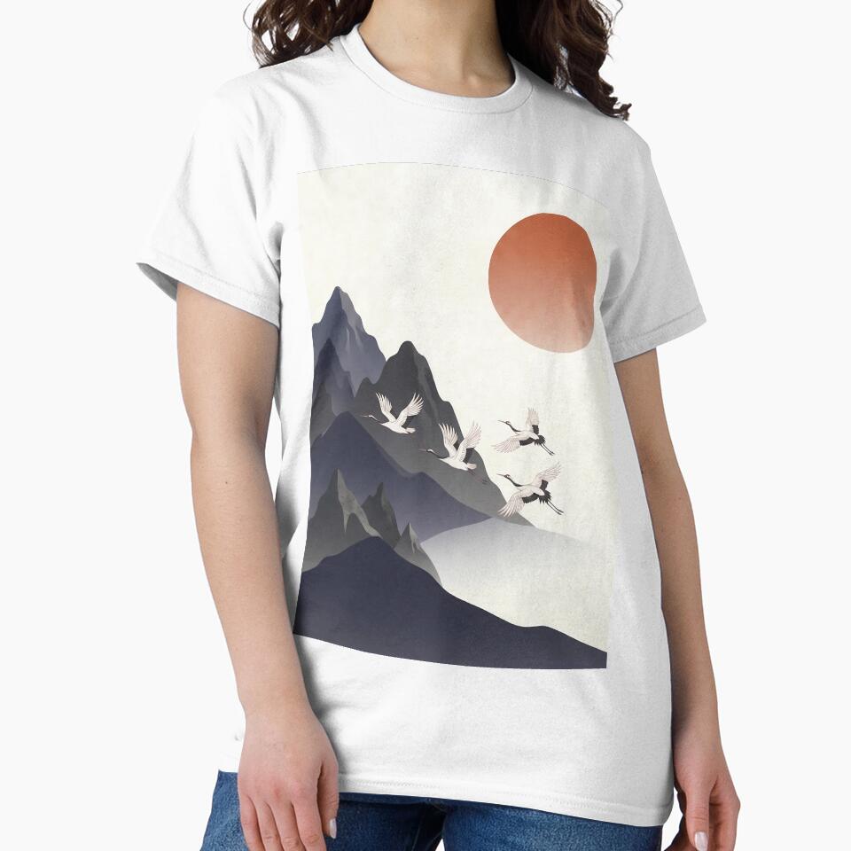 Minimalist Wa-Modern Landscape: Red Sun, Cranes & Mountains by Hikariha Studio