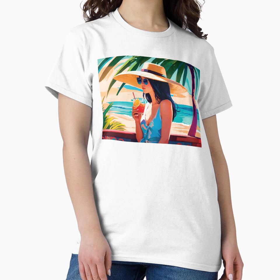 Stylish Vacation Girl In Summer Dress Enjoying Holidays On A Beach Drinking Under A Palm Tree Simplistic Poster by TriniTeeClub