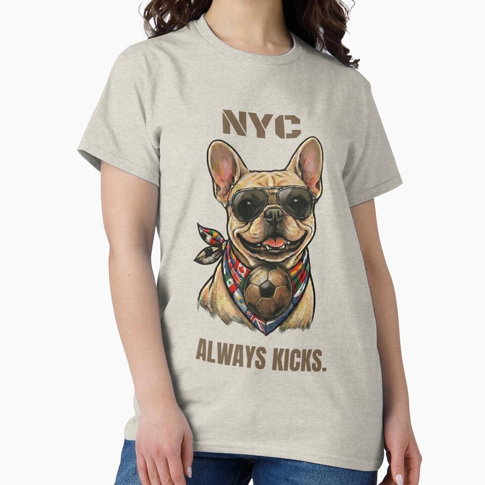 NYC Never Sleeps - French Bulldog Soccer Football T-Shirt by laughingshirts