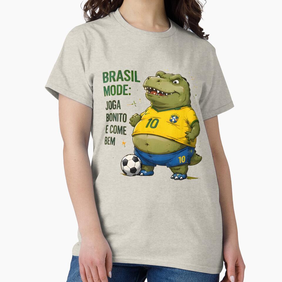 Funny Dinosaur Brazil Soccer Fan Joga Bonito Humor Gift by PreeCha Art & Co.