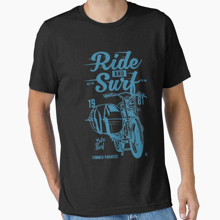 Ride And Surf Shirt Hobby Illustration Vintage T-Shirt Great Gift for Motorcyclist Biker Surfer Unisex Short-Sleeve Jersey Tee by Panda Branda