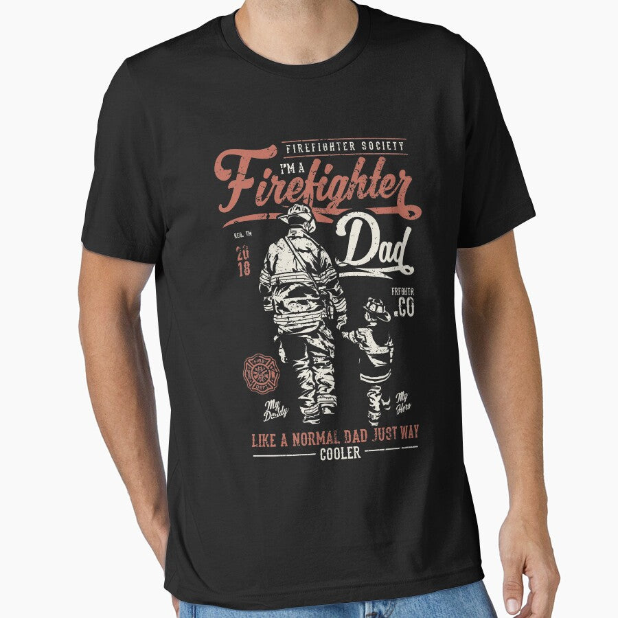 Firefighter Dad Shirt Cool Vintage Illustration T-Shirt Great Gift for Hero Father Husband Unisex Short-Sleeve Jersey Tee by Panda Branda
