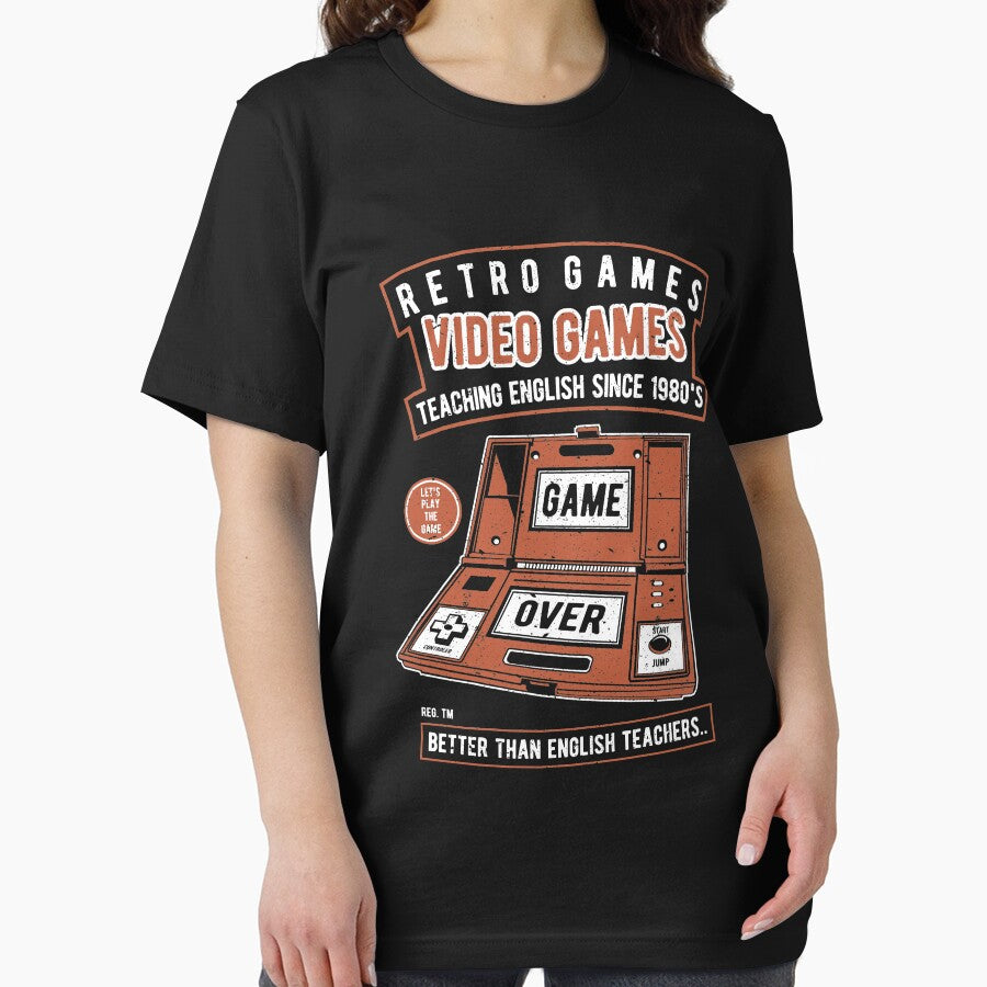 Retro Video Games Teaching English Since 1980's Game Over Shirt Vintage T-Shirt Great Gift for Gamer Short-Sleeve Jersey Tee by Panda Branda