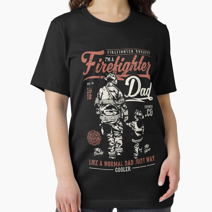 Firefighter Dad Shirt Cool Vintage Illustration T-Shirt Great Gift for Hero Father Husband Unisex Short-Sleeve Jersey Tee by Panda Branda