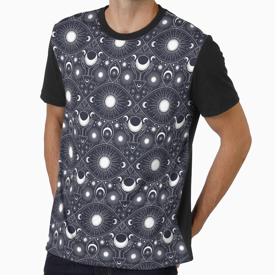 Magic pattern with constellations, sun, moon, magic eyes, hands and stars. Mystical esoteric background. by RenattaZare