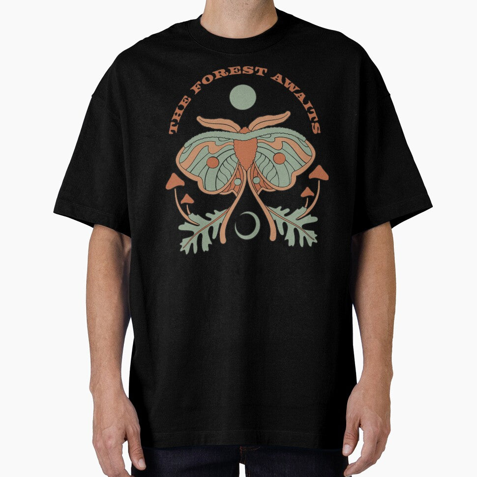 The Forest Awaits. Moth illustration with mushrooms, leaves and text by Blume-Corner