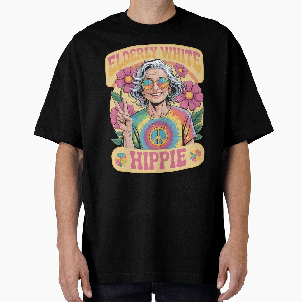 Elderly White Hippie Woman Groovy Retro Flower Power by SkymarArt