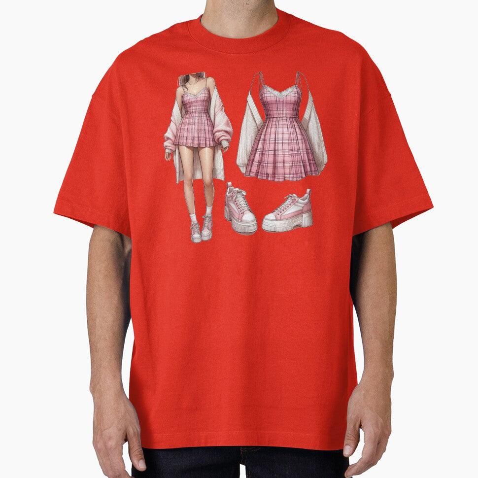 Pink Plaid Sundress - Oversized Cardigan - Y2K Fashion Drawing by AmberRoseWrites