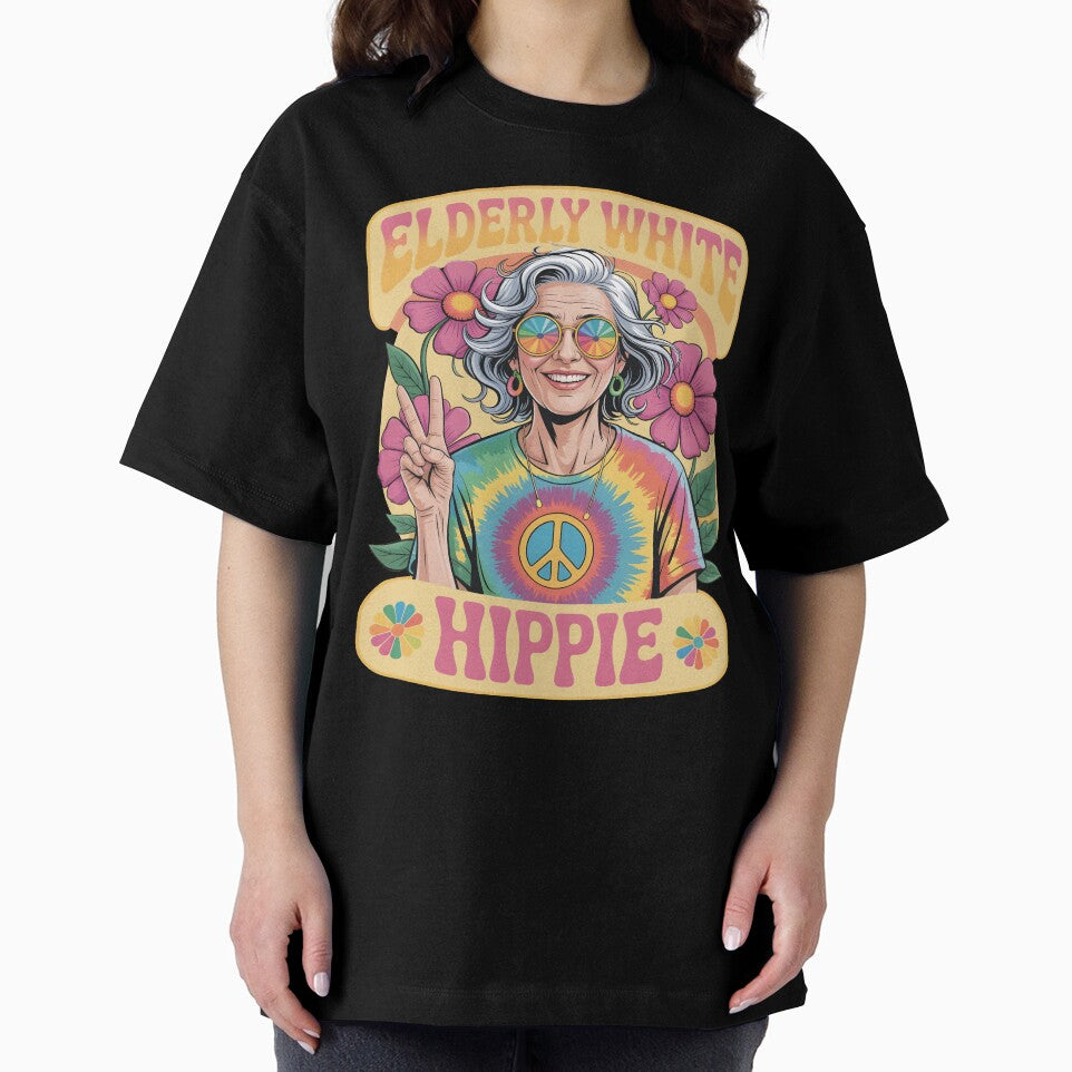 Elderly White Hippie Woman Groovy Retro Flower Power by SkymarArt