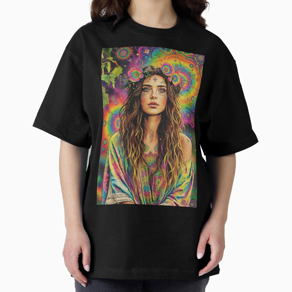 Psychedelic Hippie Goddess - Rainbow Flower Crown & Tie-Dye Portrait by David Brookes Digital