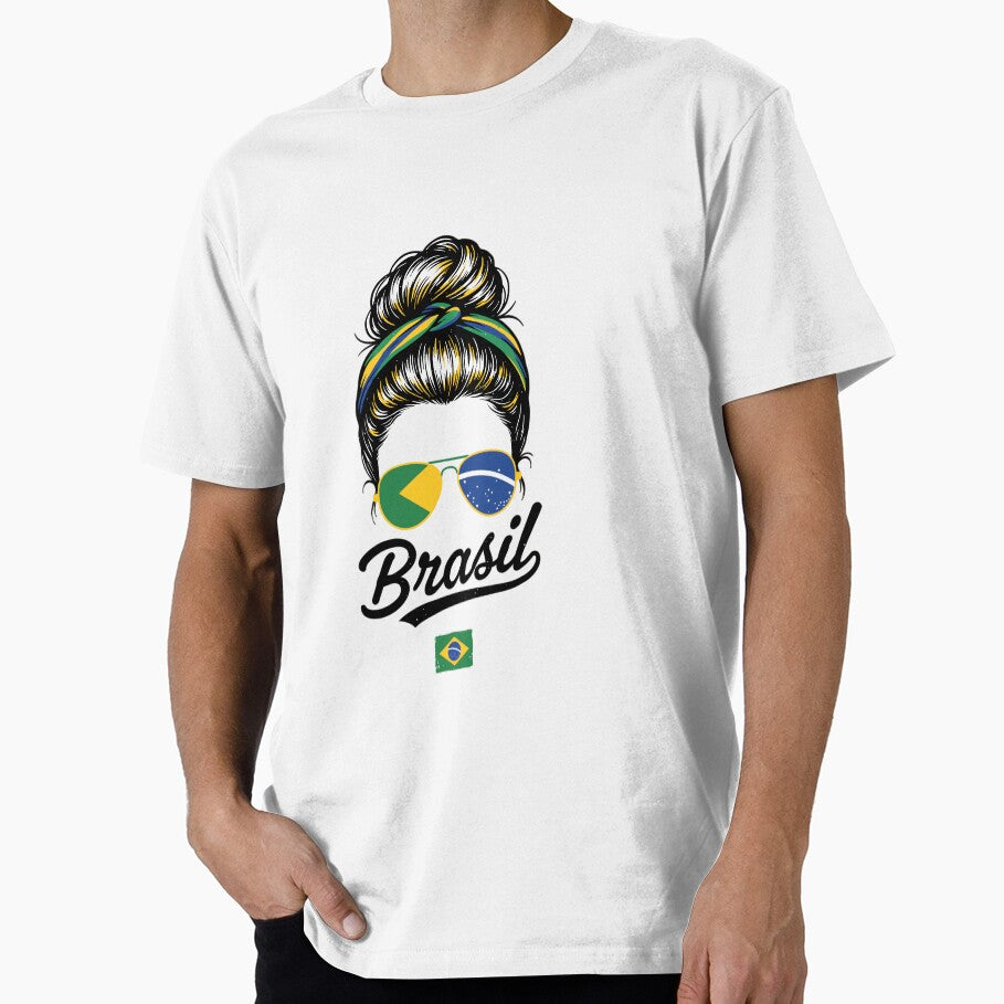 Brazil Pop Art Woman T-Shirt – Vintage Woodcut Brazilian Flag Sunglasses Graphic for Proud Brazil Supporters by paulo silveira
