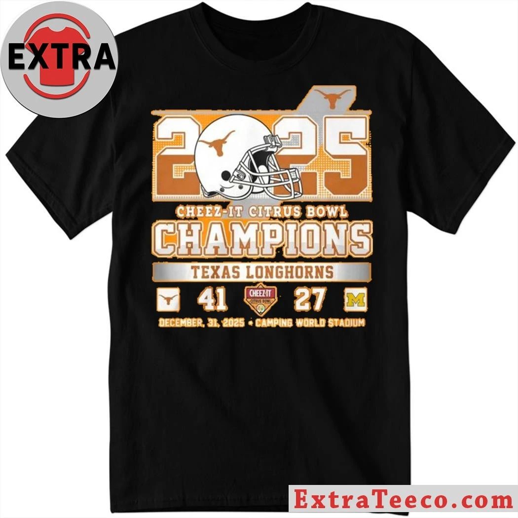 Original Commemorative T-shirt celebrating the Texas Longhorns’ victory at the 2025 Cheez-It Citrus Bowl. Texas 41 – Michigan 27 Camping World Stadium, Orlando, Florida Shirt