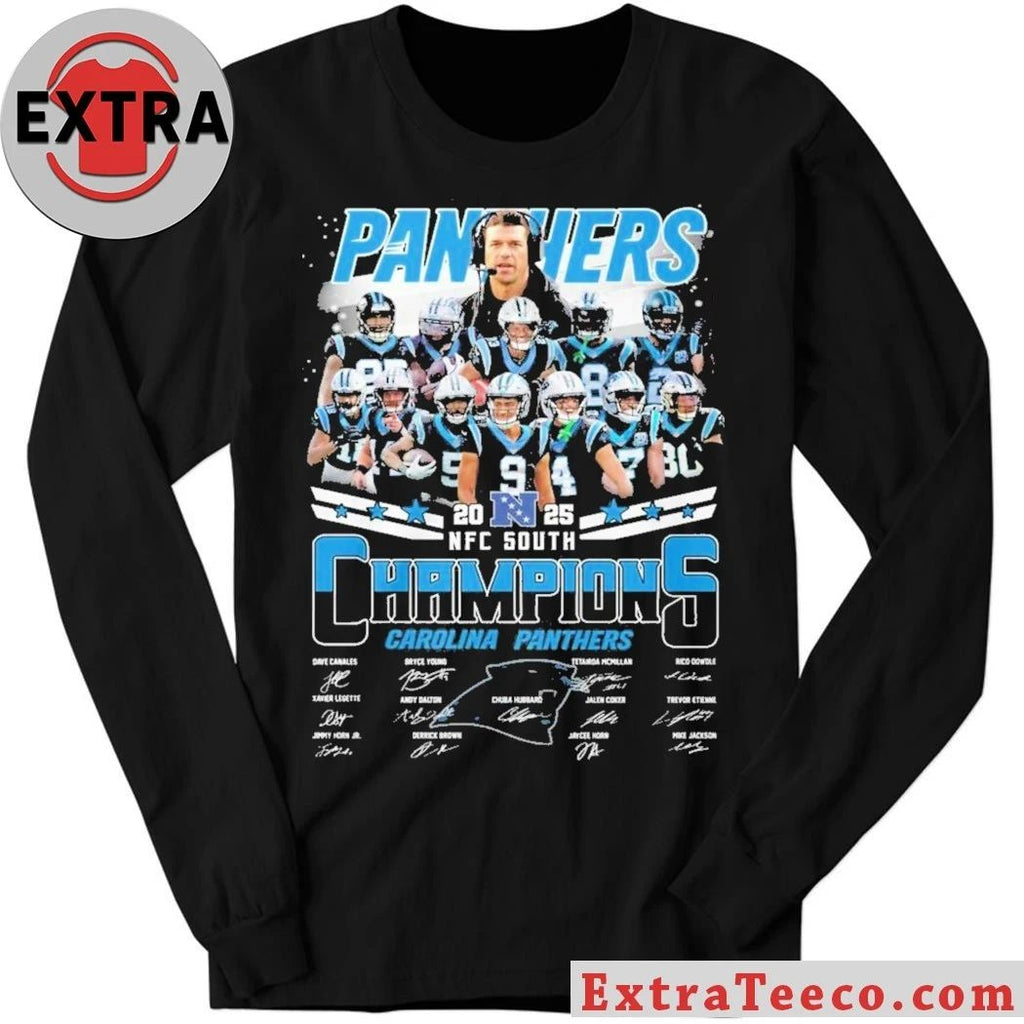 Carolina Panthers 2023-2025 NFC South Champions t-shirt featuring player images and signatures
