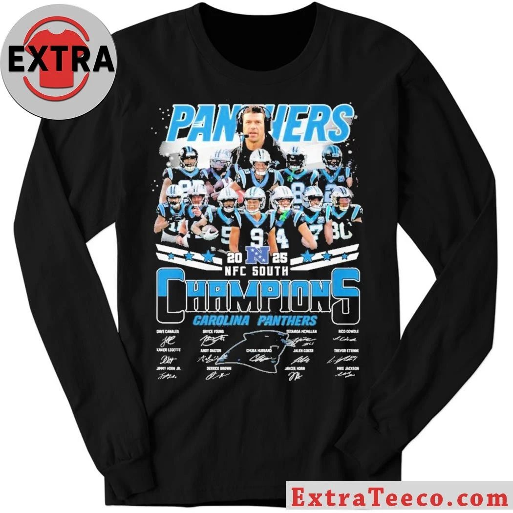 Carolina Panthers 2023-2025 NFC South Champions t-shirt featuring player images and signatures
