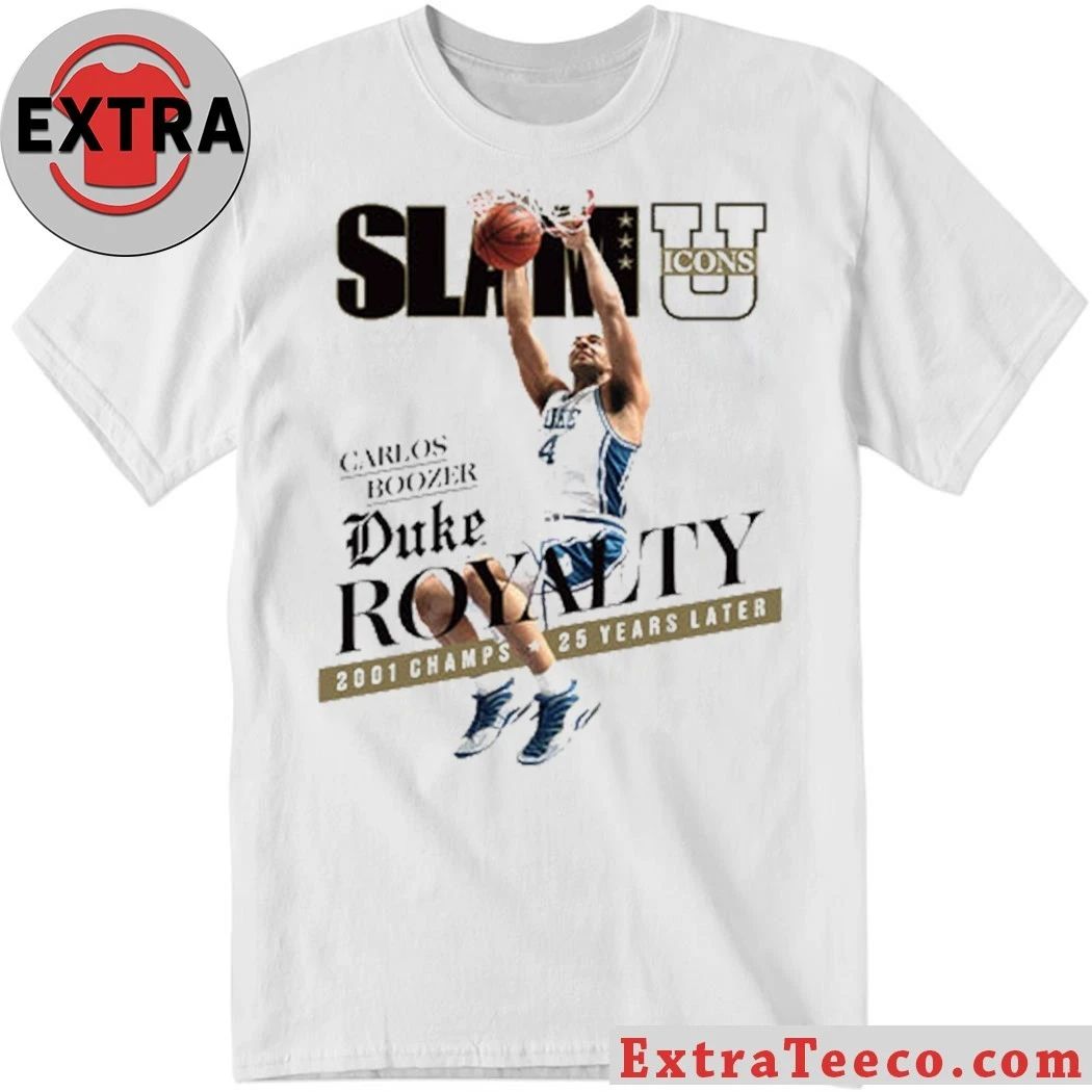 This commemorative T-shirt from the SLAM U ICONS collection honors Duke’s 2001 national championship team, featuring player Carlos Boozer