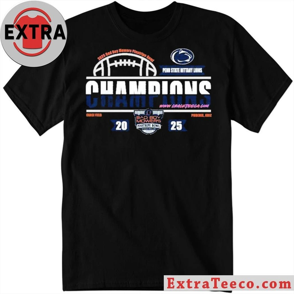 Penn State Nittany Lions 2025 Bad Boy Mowers Pinstripe Bowl Champions At Yankee Stadium Logo T-Shirt