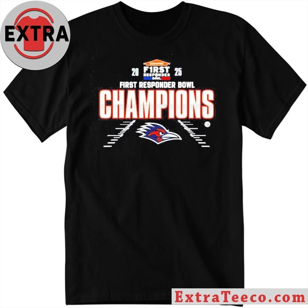 Original T-shirt commemorating the UTSA Roadrunners’ 2025 First Responder Bowl championship Logo