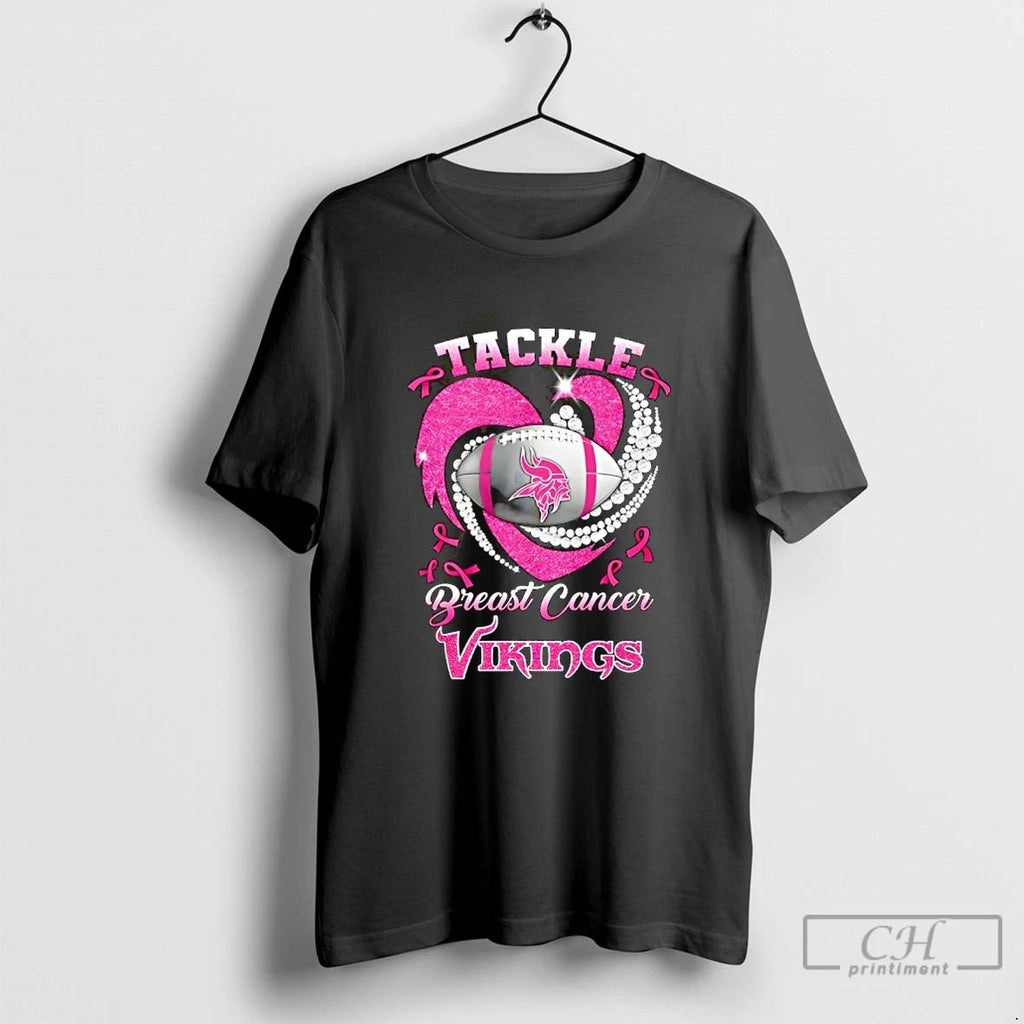 Premium Minnesota Vikings Breast Cancer Awareness Tackle Heart T Shirts