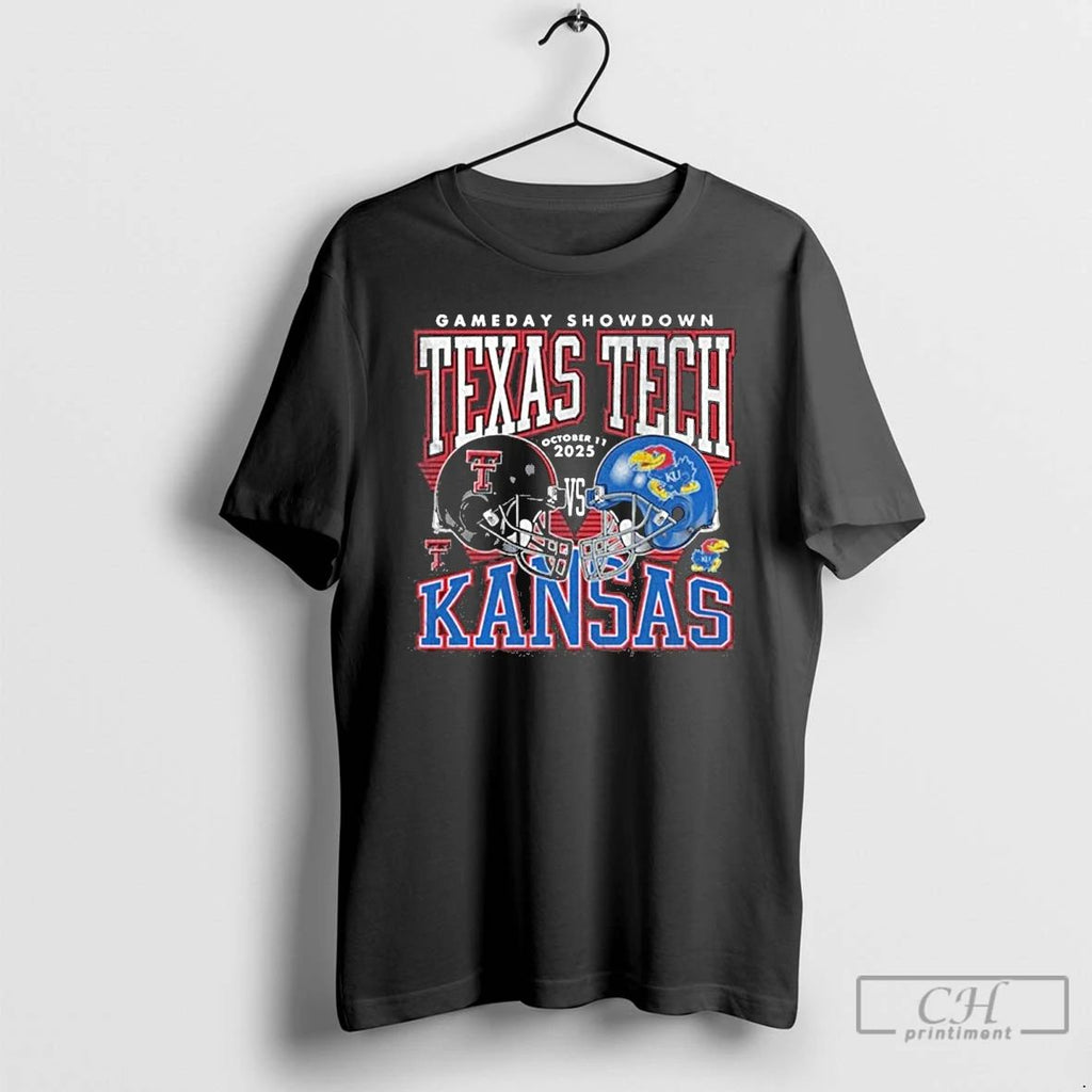 Premium Gameday Showdown 2025 Texas Tech Red Raiders Vs Kansas Jayhawks Helmet T Shirts