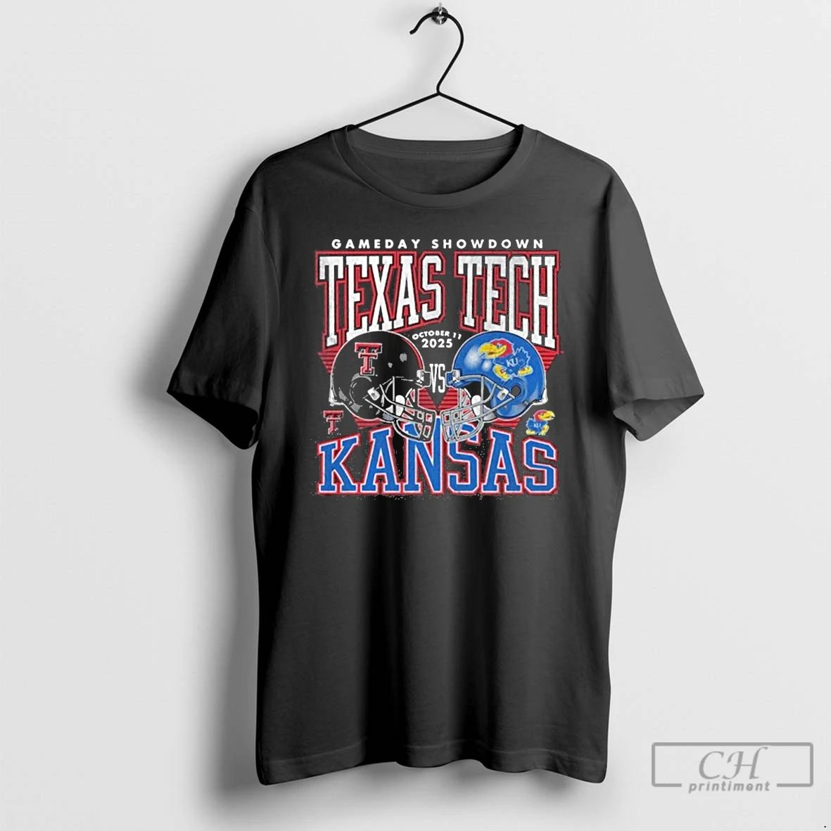Premium Gameday Showdown 2025 Texas Tech Red Raiders Vs Kansas Jayhawks Helmet T Shirts