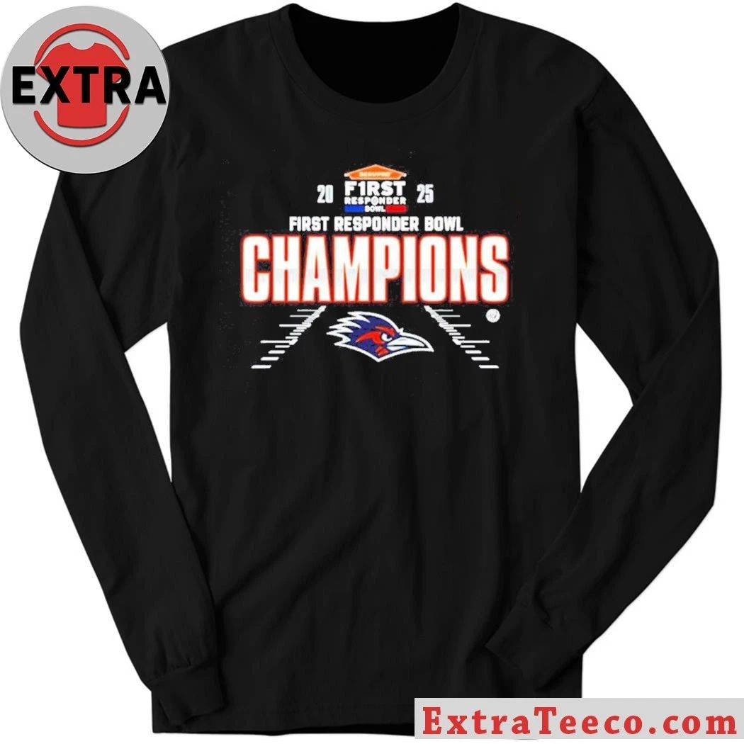 Original T-shirt commemorating the UTSA Roadrunners’ 2025 First Responder Bowl championship Logo