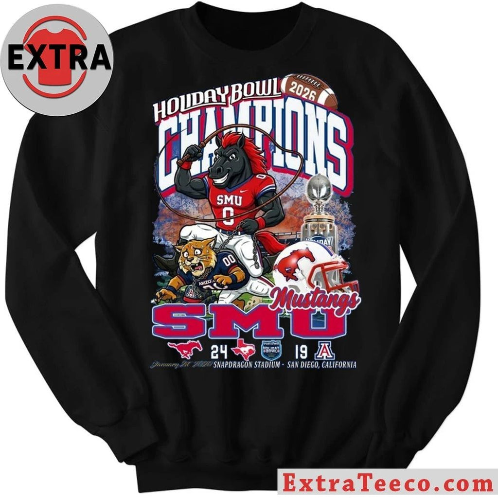 Original T-shirt commemorating the SMU Mustangs’ 2026 Holiday Bowl championship victory (24-19) at Snapdragon Stadium, San Diego, California