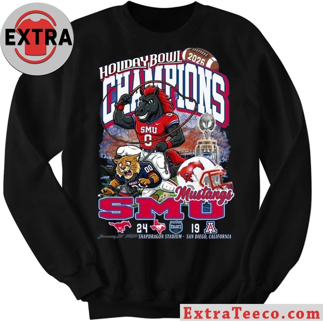 Original T-shirt commemorating the SMU Mustangs’ 2026 Holiday Bowl championship victory (24-19) at Snapdragon Stadium, San Diego, California