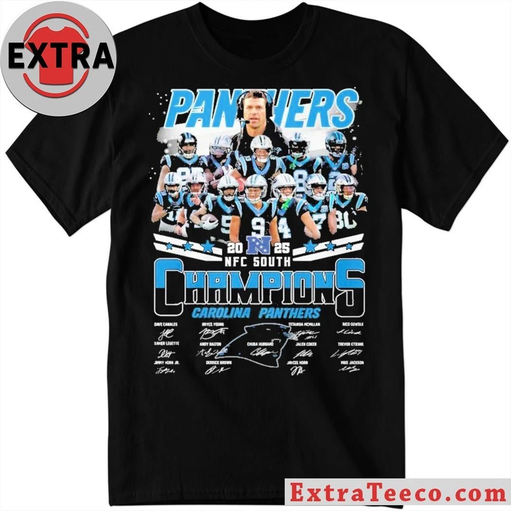 Carolina Panthers 2023-2025 NFC South Champions t-shirt featuring player images and signatures