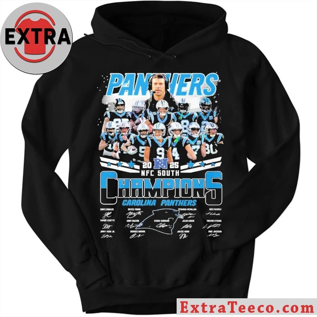 Carolina Panthers 2023-2025 NFC South Champions t-shirt featuring player images and signatures
